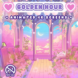 May include: An animated digital illustration of a train interior with pink and blue sunset skies visible through arched windows. The scene features floral decorations, hanging vines, and seats. Text includes GOLDEN HOUR, ANIMATED 4K SCREENS, NO AI, and 3 Animated Golden Hour Train Ride 4K Wallpapers or Streaming Screens! - POPSCREAM -.