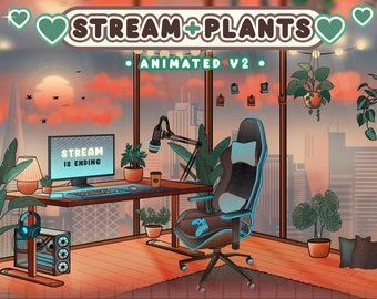 Cozy Green Gamer Animated Stream Screens: Plants & Sunset (MP4, PNG)