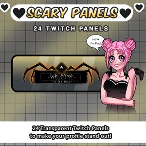 Puede incluir: Un conjunto de 24 paneles transparentes de Twitch con un diseño de araña espeluznante con acentos naranja brillantes. Los paneles incluyen un mensaje de bienvenida y el texto "Scary Panels" y "POPSCREAM".
