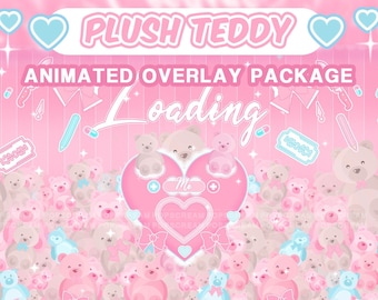 41 Animated Twitch Package: "Plush Teddy" | Loading, Paused, Offline, Ending | Teddies, Pink Band Aids, Sparkles, Hearts, Knifes, Overlay