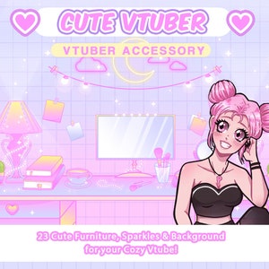 May include: A pink and purple background with a cartoon character of a girl with pink hair and a black top. The girl is sitting at a desk with a computer monitor, a lamp, and other accessories. The text "CUTE VTUBER VTUBER ACCESSORY" is at the top of the image. The text "23 Cute Furniture, Sparkles & Background for your Cozy Vtube!" is at the bottom of the image. The text "- POPSCREAM -" is at the bottom of the image.