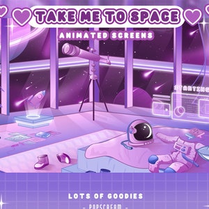 May include: A purple and pink animated screen pack with the text "Take Me To Space" and "Animated Screens". The image features a space-themed room with a telescope, a rocket, a starry sky, and an astronaut in a spacesuit. The text "Lots of Goodies - Popscream -" is at the bottom of the image.