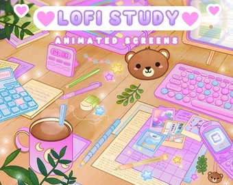 Lofi Cute Desk Stream Animated Screens| Loading, Paused | Aesthetic, Table, Windows, Bear, Notebooks, Books, Student, Twitch