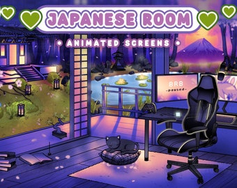 Aesthetic Japanese Shrine Petals Animated Stream Screens : "Japanese Room" | Sakura Petals, Shrine, Kitty Sleeping, Gamer, Twitch