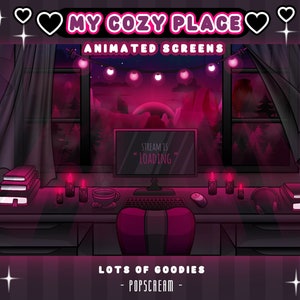 Cozy Sunset Desktop Aesthetic  Animated Screens : "My Place" | Loading, Paused, Offline | Desk, Sunset, Candles, Lights, Stars, Curtains, PC