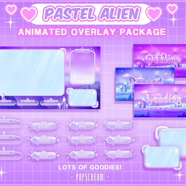 Animated Twitch Package: "Pastel Alien" | Loading, Paused, Offline | Overlays, Panels, Alerts, BG, Webcam Screens