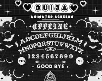 May include: A black and white Ouija board with a white cloud design around the edge. The board features the letters of the alphabet, numbers 1-9 and 0, the words "yes", "no", and "good bye". The board is surrounded by stars and bats. The text "OUIJA" is at the top of the board in a white heart with black outline. The text "ANIMATED SCREENS" is below the board. The text "LOTS OF GOODIES - POPSCREAM -" is at the bottom of the board.