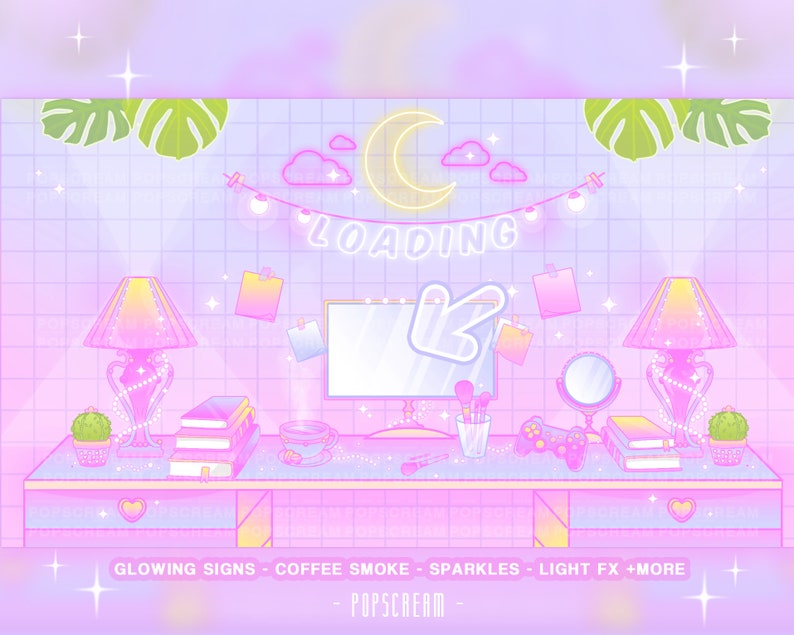 May include: A pink and blue digital illustration of a desk with a computer monitor, two lamps, books, a cup of coffee, and a video game controller. The monitor has a cursor with an arrow pointing to the left. The text "LOADING" is displayed above the monitor in neon pink letters. The background is a light purple and pink gradient with white grid lines.
