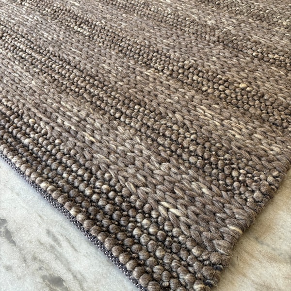 Brown Hand Woven Chunky Loop & Braided Chunky Scandinavian Modern Style Wool Area Rug. Customization Available - TheBrotherSisterCo