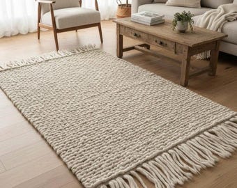 Hand Knitted Chunky Cream Mix Wool Rug | Basketweave Style | Scandinavian Décor | Living Room