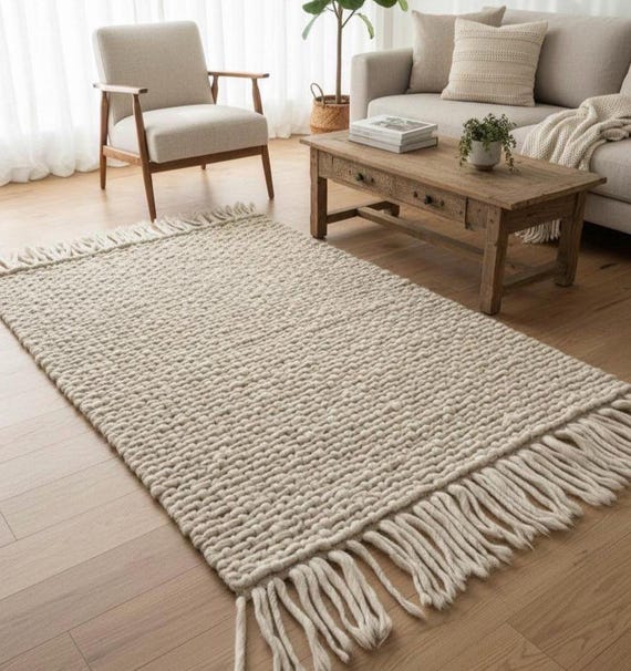 Handgestrickter, dicker Teppich aus cremefarbener Wollmischung | Flechtmuster | Skandinavisches Design | Wohnzimmer. TheBrotherSisterCo