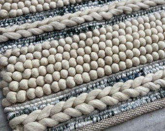 Handwoven Knitted Cream & Grey Wool Rug – Chunky Braided High Low Loop Texture, Custom Size