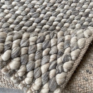 Soft Wool Handwoven Chunky Rug in Silver Grey/ Cream Beige  - Customizable Fish Eye Style - TheBrotherSisterCo.