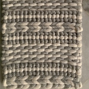 Grey & White Hand Knitted Chunky Braided Wool Rug, Custom Sizes Available - TheBrotherSisterCo.