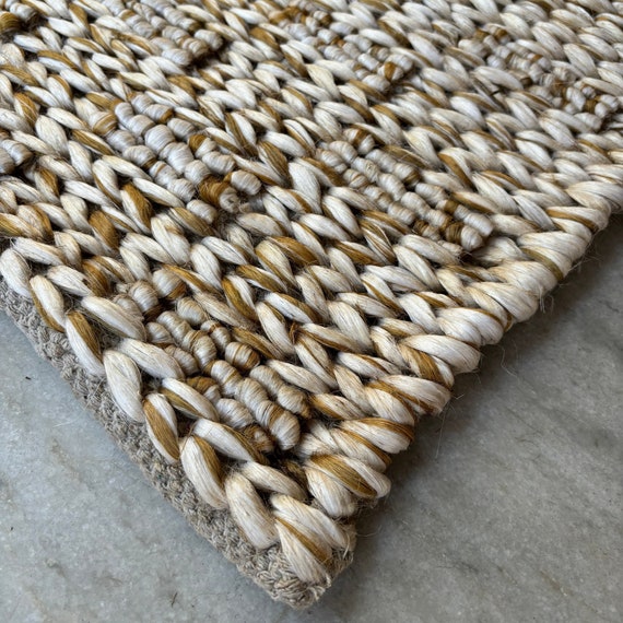 Hand Knotted Jute Hemp Area Rug, Braided Chunky Loop, Cream , Golden - Luxury Rug