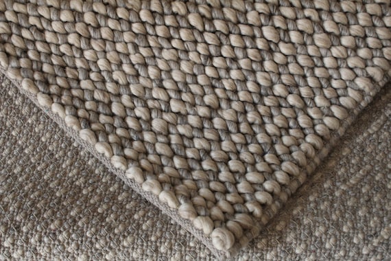 Soft Wool Handwoven Chunky Rug in Silver Grey/ Cream Beige
