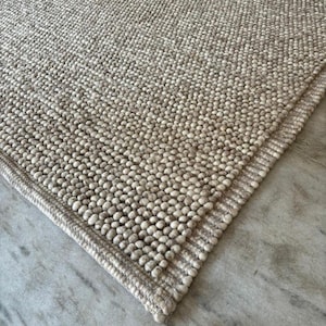 Handwoven Chunky Wool Rug in Cream Beige – Custom Sizes Available – Cozy Braided Loop Design - TheBrotherSisterCo.
