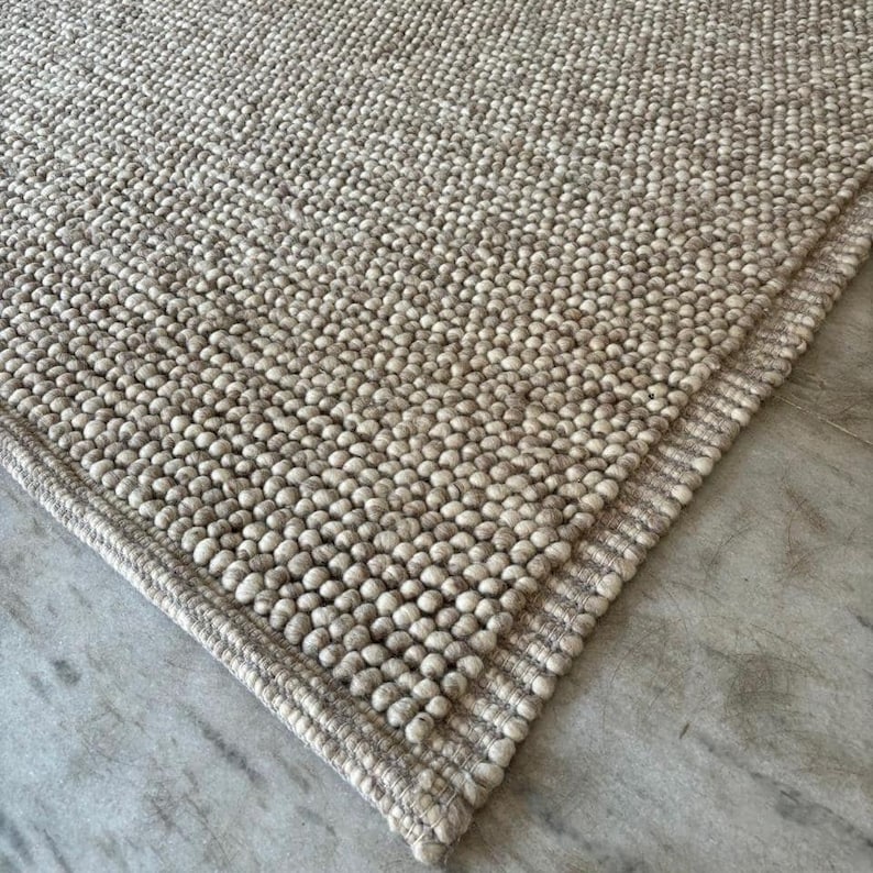 Handwoven Chunky Wool Rug – Cream Beige Bobble Loop Design, Bedroom Rug ...