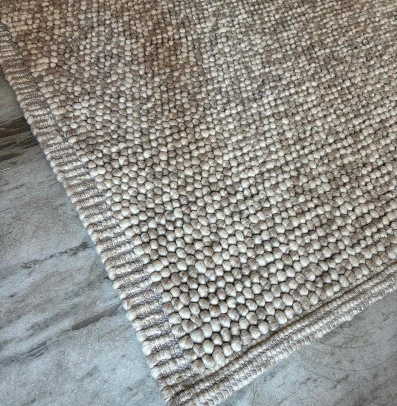 Handwoven Chunky Wool Rug – Cream Beige Bobble Loop Design, Bedroom Rug ...
