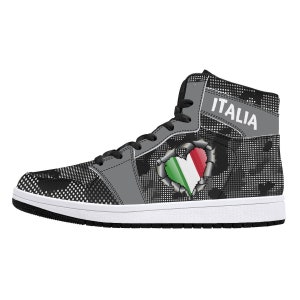 May include: Black and gray high-top sneakers with a white sole. The sneakers have a camouflage pattern and a heart with the Italian flag on the side. The word "ITALIA" is written on the side of the shoe.
