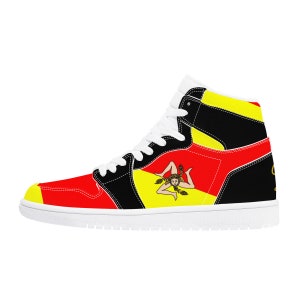 Sicilian Trinacria High Top Leather Sneakers Gift Idea For Sicilians And Sicily Lovers Sicilian Flag Sneakers Sicily Flag High Top Shoes