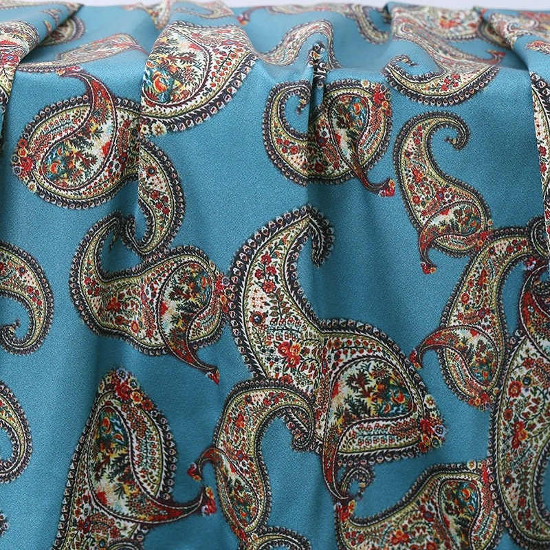 Blue paisleyFloral print Stretch Silk Satin Fabric Width 42 | Etsy