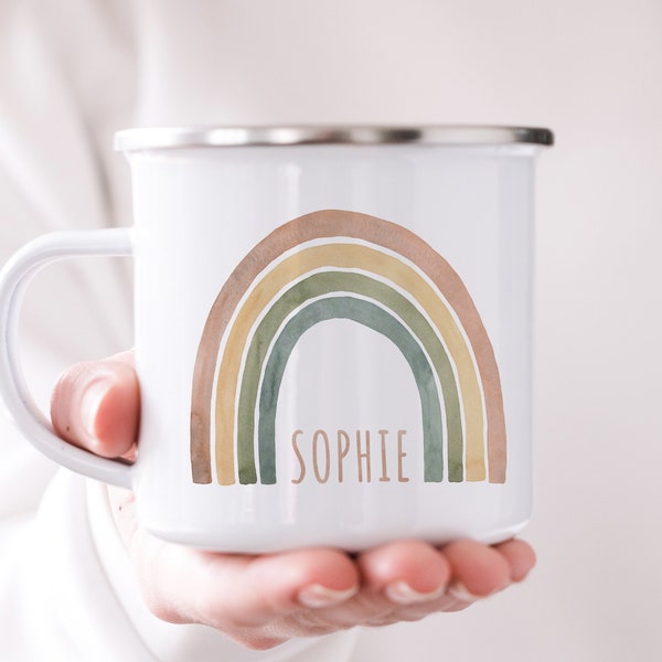 Regenbogen Tasse aus Emaille personalisierte Kindertasse mit Namen Kinder Geschenk