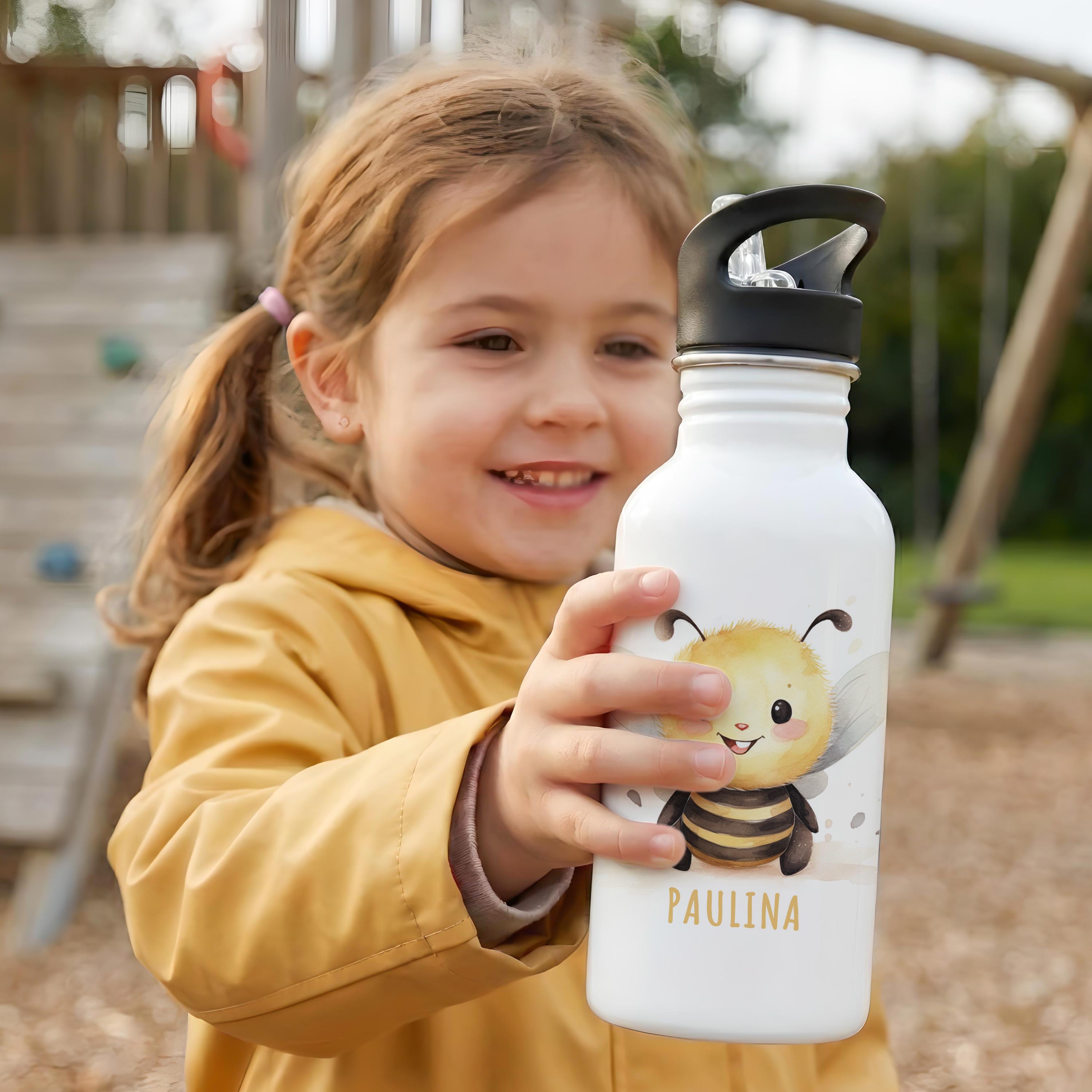 Kita Flasche Personalisiert Personalisierte Kinder-Trinkflasche Aus Edelstahl – 500 Ml Mit Trinkhalm – Name Individuell – BPA-frei, Spülmaschinenfest (Biene Blumen)