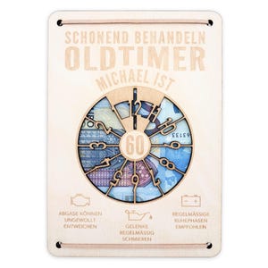 Oldtimer Geburtstagskarte 60. Geburtstag Schonend behandeln personalisiert Geldverpackung Geburtstagsgeschenk Geschenkkarte Holz 12x17 cm