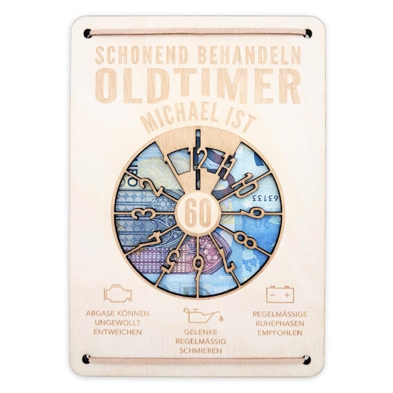 Oldtimer Geburtstagskarte 60. Geburtstag Schonend behandeln personalisiert Geldverpackung Geburtstagsgeschenk Geschenkkarte Holz 12x17 cm