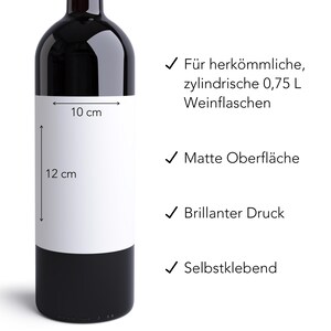 May include: White wine bottle label template with measurements of 10 inches by 12 inches. The label is designed for standard 0.75 liter wine bottles. Features include a matte finish, brilliant printing, and a self-adhesive backing.
