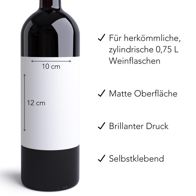 May include: White wine bottle label template with measurements of 10 inches by 12 inches. The label is designed for standard 0.75 liter wine bottles. Features include a matte finish, brilliant printing, and a self-adhesive backing.