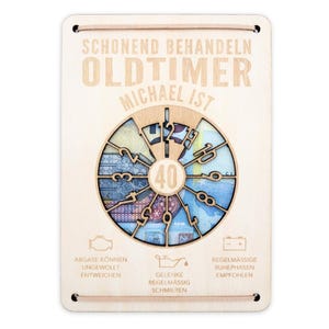 Oldtimer Geburtstagskarte 40. Geburtstag Schonend behandeln personalisiert Geldverpackung Geburtstagsgeschenk Geschenkkarte Holz 12x17 cm