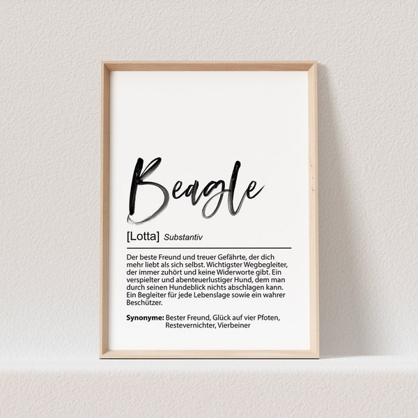 Beagle Geschenk Hundeposter Personalisiert Hundebild Definition Hunde Geschenk für Hundebesitzer (OHNE RAHMEN)