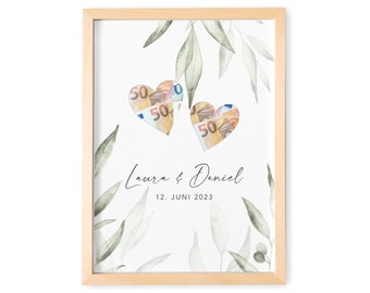 Geldgeschenk Hochzeit Personalisierbares Poster Mit Herzen & Olivenblätter Hochzeitsgeschenk Geld