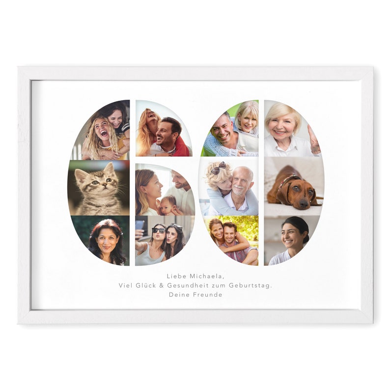 Op de afbeelding: Een wit fotolijstje met een collage van foto's die de vorm van het getal 60 hebben. De foto's tonen verschillende mensen, waaronder een kat, een hond en een baby. De tekst "Liebe Michaela, Viel Gl&uuml;ck & Gesundheit zum Geburtstag. Deine Freunde" staat onder de collage.
