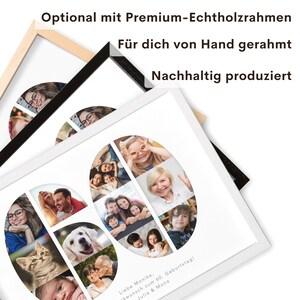 Op de afbeelding: Een wit fotocollage-frame met een zwarte en natuurlijke houten lijst. De collage bevat verschillende foto's van mensen en dieren, waaronder een kat, een hond en een baby. De tekst "Liebe Monika, kwunsch zum 60. Geburtstag! Julia & Mona" staat onderaan het frame gedrukt.
