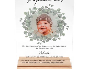 Patenbrief Taufe personalisiert Patenurkunde für Taufpaten mit Foto Acrylglas Geschenk Patentante Patenonkel inkl. Holzfuß Paten 20x30 cm