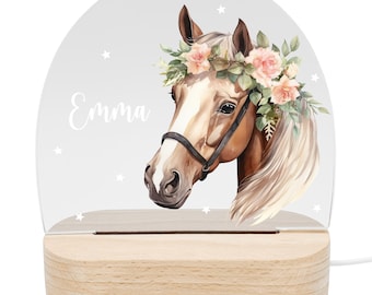 Nachtlicht Pferd personalisiert für Kinder & Baby Pferdemädchen Geschenk Pferdeliebhaber Deko Nachtlampe Mädchen inkl. Holzfuß