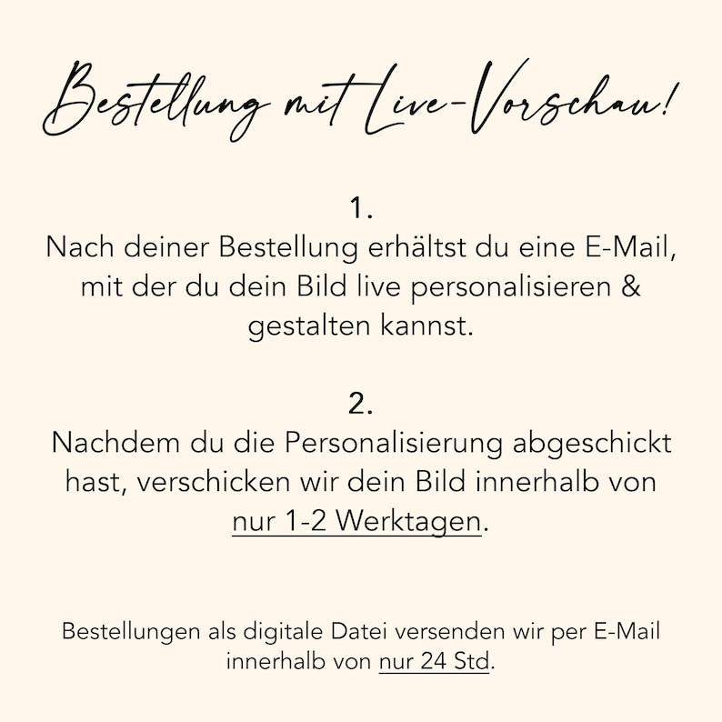 May include: Text explaining the ordering process for personalized images. After placing an order, you will receive an email with a link to personalize your image. The image will be shipped within 1-2 business days. Digital files are sent via email within 24 hours.
