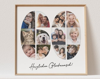 May include: A framed photo collage in a light wood frame with a white background. The collage is in the shape of the number 60, with photos of a family and pets. The text "Herzlichen Glückwunsch!" is written below the collage.