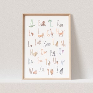 ABC Poster Tieralphabet Alphabet Tiere Print Bild Kinderzimmer Lernposter Geburtstagsgeschenk (OHNE RAHMEN)