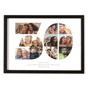 May include: A framed photo collage in black with a white background. The collage is shaped like the number 50. The collage is filled with photos of people smiling and laughing. The text "Liebe Tabea, alles Liebe & Gute zum 30. Geburtstag. Deine Familie" is printed below the collage.