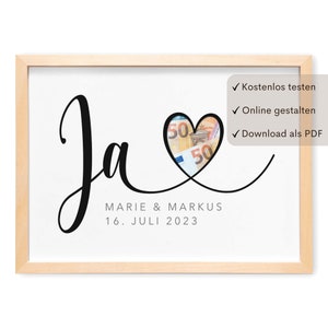 Huwelijkscadeau geld cadeau voor bruiloft gepersonaliseerde poster "JA" geld cadeau | Digitale download PDF-sjabloon