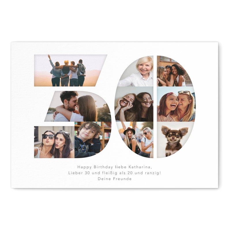 May include: A collage of photos arranged in the shape of the number 50. The photos show a group of friends celebrating a birthday. The text below the photos reads "Happy Birthday liebe Katharina, Lieber 30 und flei&szlig;ig als 20 und ranzig! Deine Freunde."