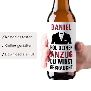 Groomsman che chiede l'etichetta della bottiglia di birra all'uomo Regalo bottiglia di birra personalizzato "Get Your Suit Out" | Download digitale PDF