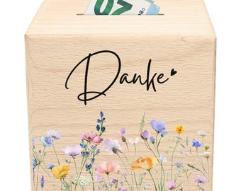 Tip jar, wildflowers, thank you, coffee jar, wooden money box, tip jar, savings bank, wooden money box