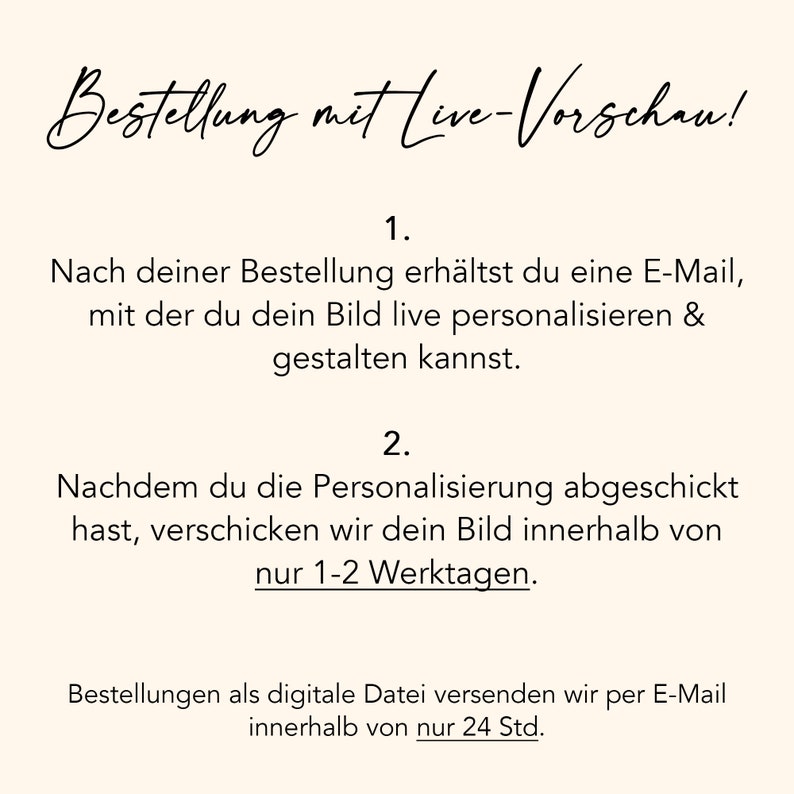 May include: Text explaining the ordering process for a personalised product. After placing an order, you will receive an email with a link to personalise your product. The product will be shipped within 1-2 working days.