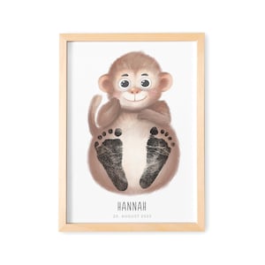 Fußabdruck Baby Bild mit Affe Fußabdrücke Poster Babygeschenk mit Tieren Geschenk zur Geburt (Ohne Farbe)