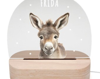 Personalized night light for children & babies, donkey design, nursery decor, children's room night lamp for girls and boys, including wooden base.